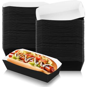 Yeaqee 100 Pcs 7" Paper Hot Dog Trays Halloween Disposable Paper Food Nacho Boats Hot Dog Holders Food Plates Disposable Serving Trays for Carnivals, Parties, Dinner, Cookouts(Black)