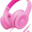 Wired Headphones with Microphone, K16 On-Ear Headphones for Kids with 3.5MM Jack, Foldable Stereo Bass Headphone for Teens School Amazon Kindle, Fire, Chromebook, Tablet (Pink Red)