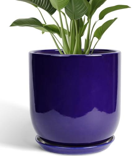 SUNPOTFOR Ceramic Planter - 12 Inch Pots for Plants Ceramic Plant Pot Indoor with Drainage Hole and Saucer Large Planter Flower Pot Outdoor for Home Garden Decor Blue