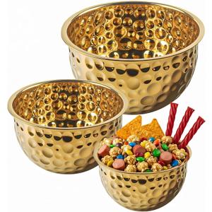 Gold Mixing Bowls, Hammered Mixing Bowls Set of 3 (7.2, 4, 2Qt), Stainless Steel Large Golden Finish Kitchen Bowls, Gold Serving Bowls for Entertaining Prepping Cooking Baking, Multipurpose Bowls