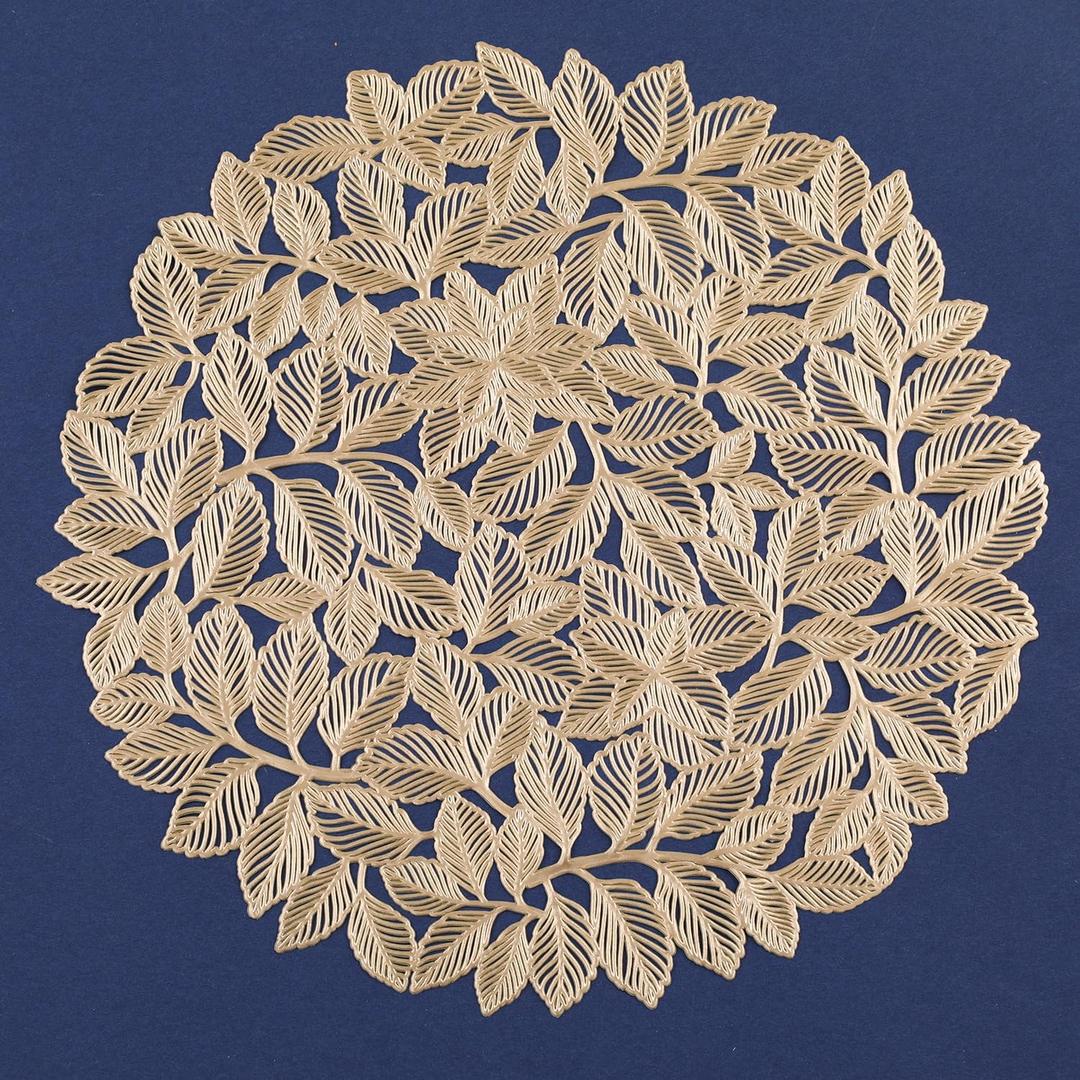 FAVE Golden Round Placemats Set of 6 Vinyl Slip Resistant Table Mats Elm Leaf Washable Indoor/Outdoor Vinyl Hollowout Placemats for Dining Table Durable PVC Table Mats (Elm Leaf, 6PCS)