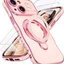 Liufcx for iPhone 14 Case with Screen Protector: Luxury Plated Gold Cute Wavy Edge Love Heart Pattern Kickstand Case, Slim Soft TPU Full Camera Shockproof Protection Cover for iPhone 14 (Pink)