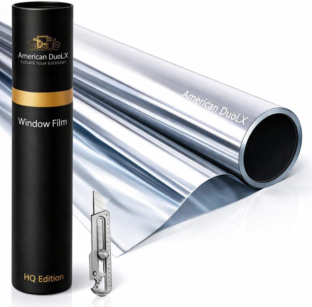 Large One Way Privacy Window Film 36in x 24.58ft - Premium PET Mirror Tint for Big Windows, Heat & UV Control, Anti-Glare Sun Blocking, Patio Doors & Sliding Glass - American DuoLX