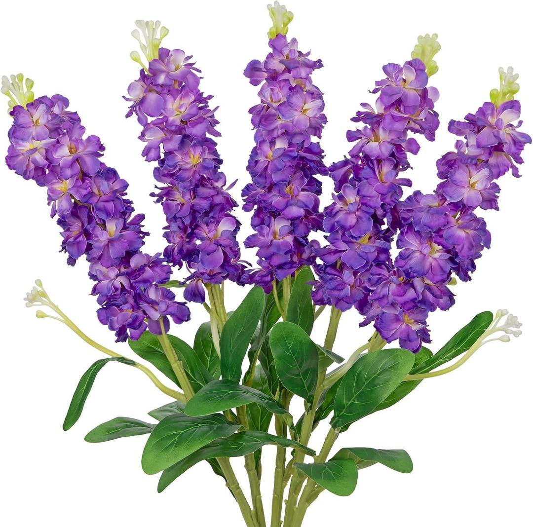 5pcs Delphinium Artificial Flower Silk UV Resistant Flowers, 25.5" Long Stem Fake Purple Flowers for Tall Vase, UV Protected Faux Floral Arrangements for DIY Bouquets Centerpieces Home Wedding Decor