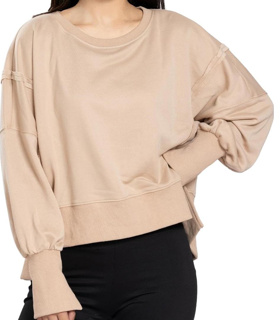 Womens Crewneck Sweatshirts Cropped Long Sleeve Tops Oversize Loose Fit Tee Side Slit Pullover Tshirt , L