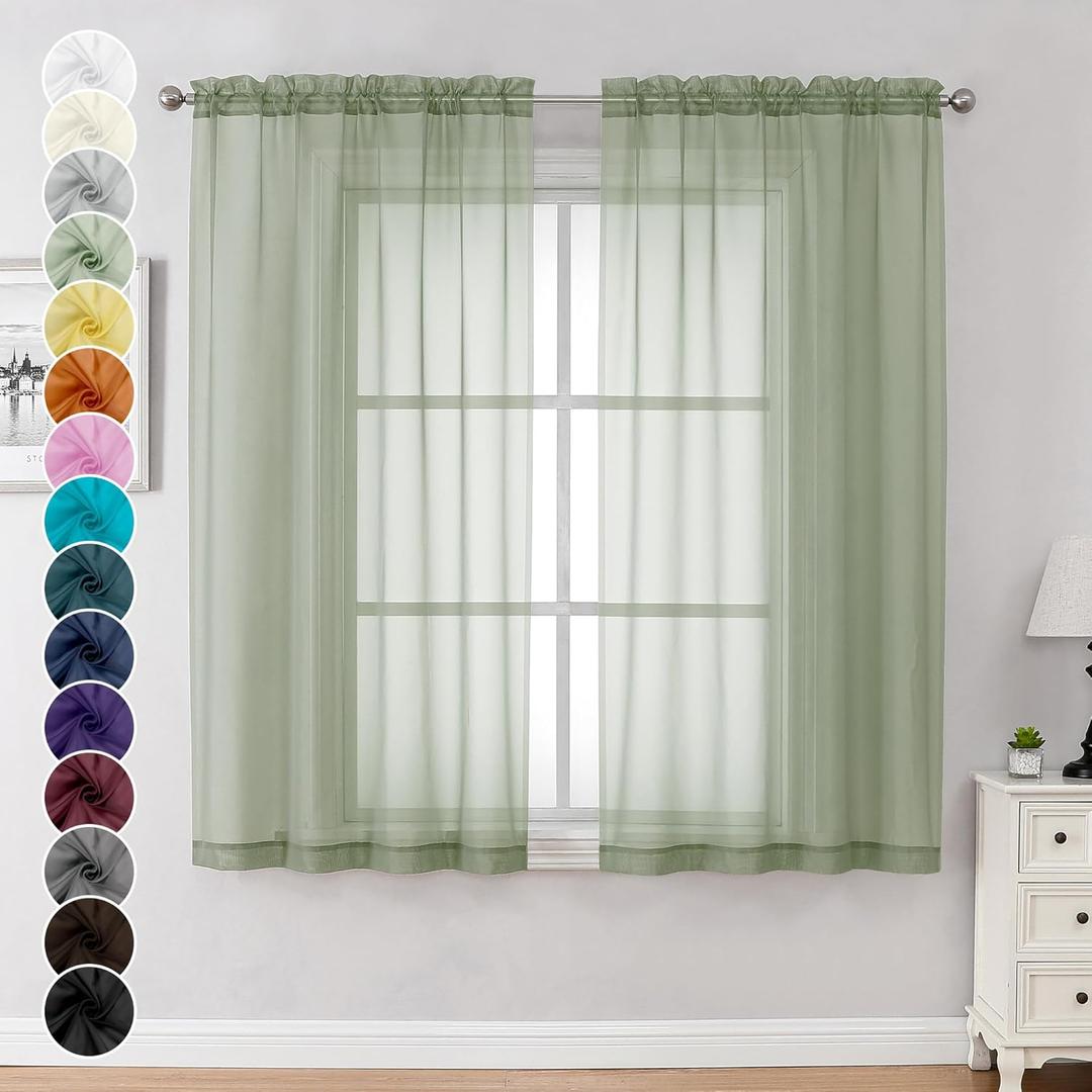 Chyhomenyc Sage Green Sheer Curtains 54 Inch Long 2 Panels Set, Short Rod Pocket Voile Drapes for Dinning Small Windows Bathroom Living Room Bedroom, Each 42Wx54L in, 2PCS, Sage Green (42"W x 54"L (Pack of 2), Sage Green)
