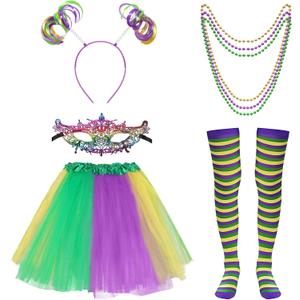 Heliltd 7Pcs Mardi Gras Costume Accessory Set for Women: Tutus, Lace Masquerade Mask, Beads Necklaces, Ponytail Headband, Long Socks - Multi, Standard Size