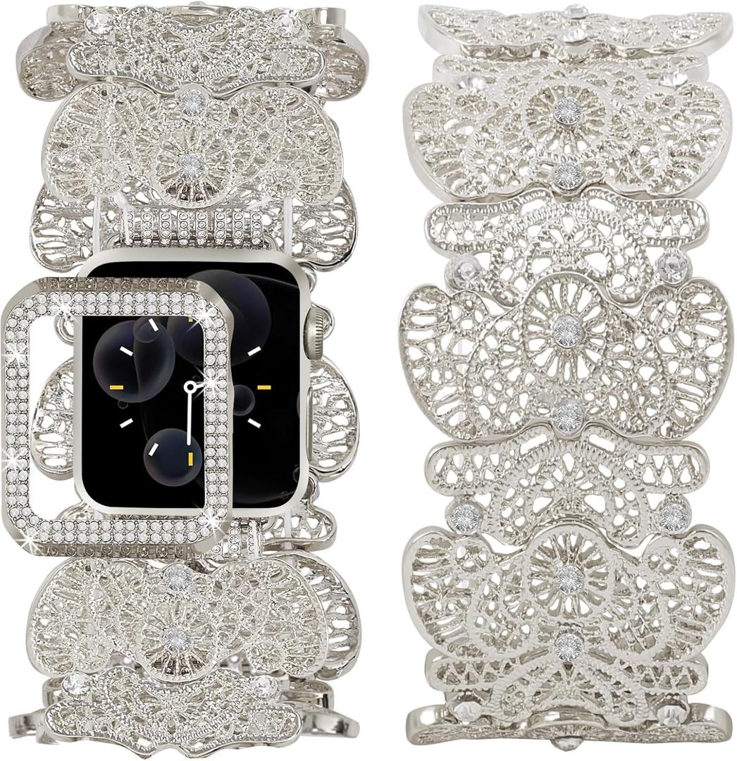 VIQIV Compatible with Apple Watch Bands for Women 38/40/41/42/44/45/46/49mm with Bling Case, Unique Mesh Metal Wide Stylish Dressy Wristband for iWatch Ultra 2 Series SE/10/9/8/7/6/5/4/3