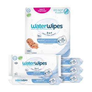WaterWipes Sensitive+ Newborn & Baby Wipes, 3-In-1 Cleans, Cares, Protects, 99.9% Water, Unscented & Hypoallergenic, 300 Count (5 Packs)