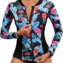 LURANEE Women's Zip Up Rash Guards for Women Long Sleeve Swimsuit UV Sun Protection Swim Shirts (XX-Large, Blue Leaf)
