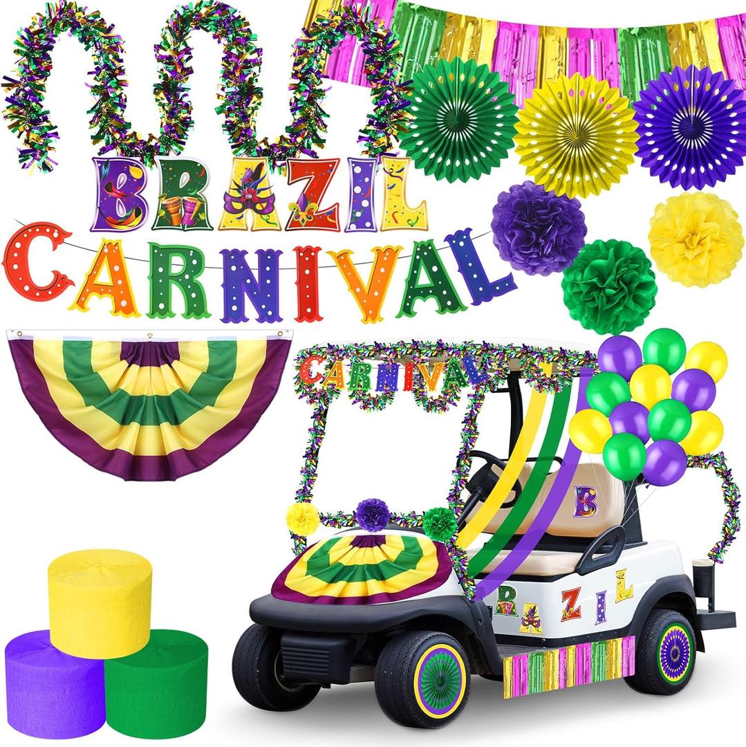 60 Pcs Brazil Carnival Party Decorations Mardi Gras Parade Golf Cart Decorations Burlap Bunting Flag Purple Green Gold Mardi Gras Tinsel Garland Golf Cart Stickers for Carnival Party Supplies Decor