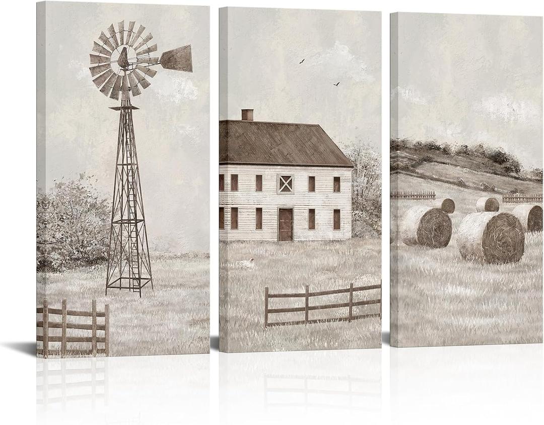 3 x HOMEOART Rustic Farmhouse Canvas Wall Art Living Room Decor Farm House Country Style Decoration Windmill Barn Pictures Wall Decor, Framed Ready to Hang, 16x32inchx3Pieces