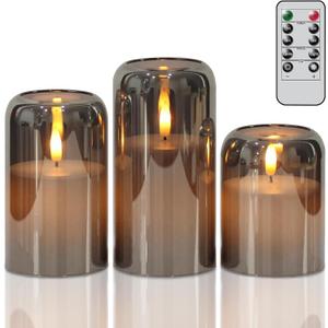 GenSwin Glass LED Candles with Remote Timer, Black Flameless Candles Battery Operated with Flickering Flame, Glass and Real Wax Pillar Candle for Halloween Christmas Home Decor(Set of 3, D3x456)