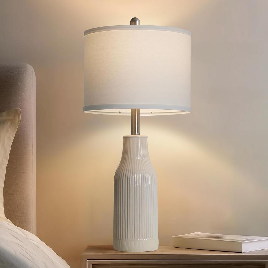 24.5" Modern Ceramic Table Lamp for Nightstand, Farmhouse Bedside Lamp for Bedroom, Small Table Lamp for Living Room End Table, Beige (1 Pack)