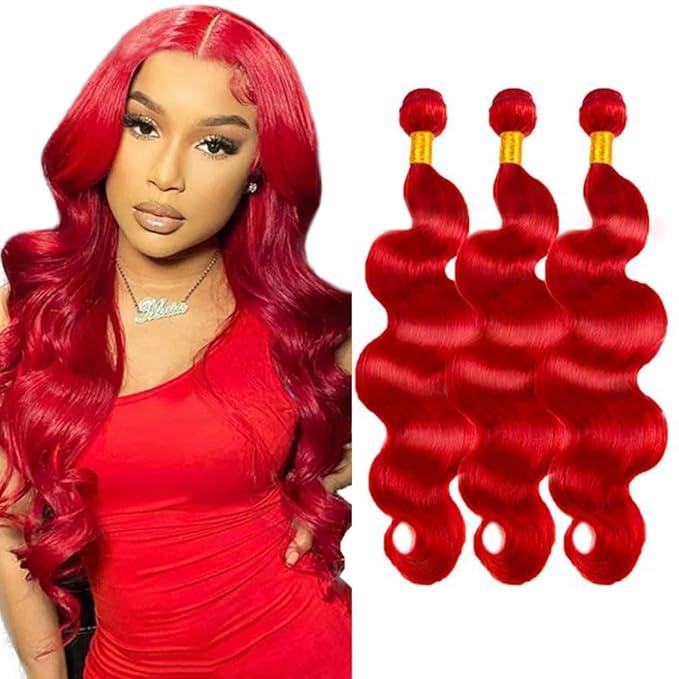 1B Bundles Human Hair Wave Wave Bundles Human Hair 26 28 30 Inch Brazilian Virgin Natural Black Water Wave Bundles Human Hair Extensions 50 Gram Per Bundle, Red BD