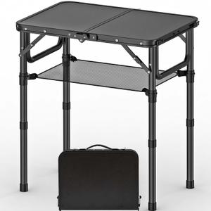 YihuiKo Folding Picnic Table with Storage Net, Matte Black Aluminum Folding Table 23.6" x 15.8", Adjustable Height Max 27.5", Lightweight Portable for Camping Travel Grill Indoor