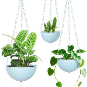 Sinolodo 10/8/6 inch Hanging Planters for Indoor Plants Set of 3, Metal Hanging Pots with Drainage and Plug, Large Small Flower Pots Set for Window, Kitchen, Patio, Bathroom (Light Blue)