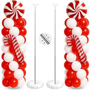 Kinlop 2 Sets Christmas Balloon Column Stand Kit with Candy and Candy Cane Foil Balloons, Latex Balloons, Adjustable Balloon Stands for Xmas Holiday Party Decor (Red)