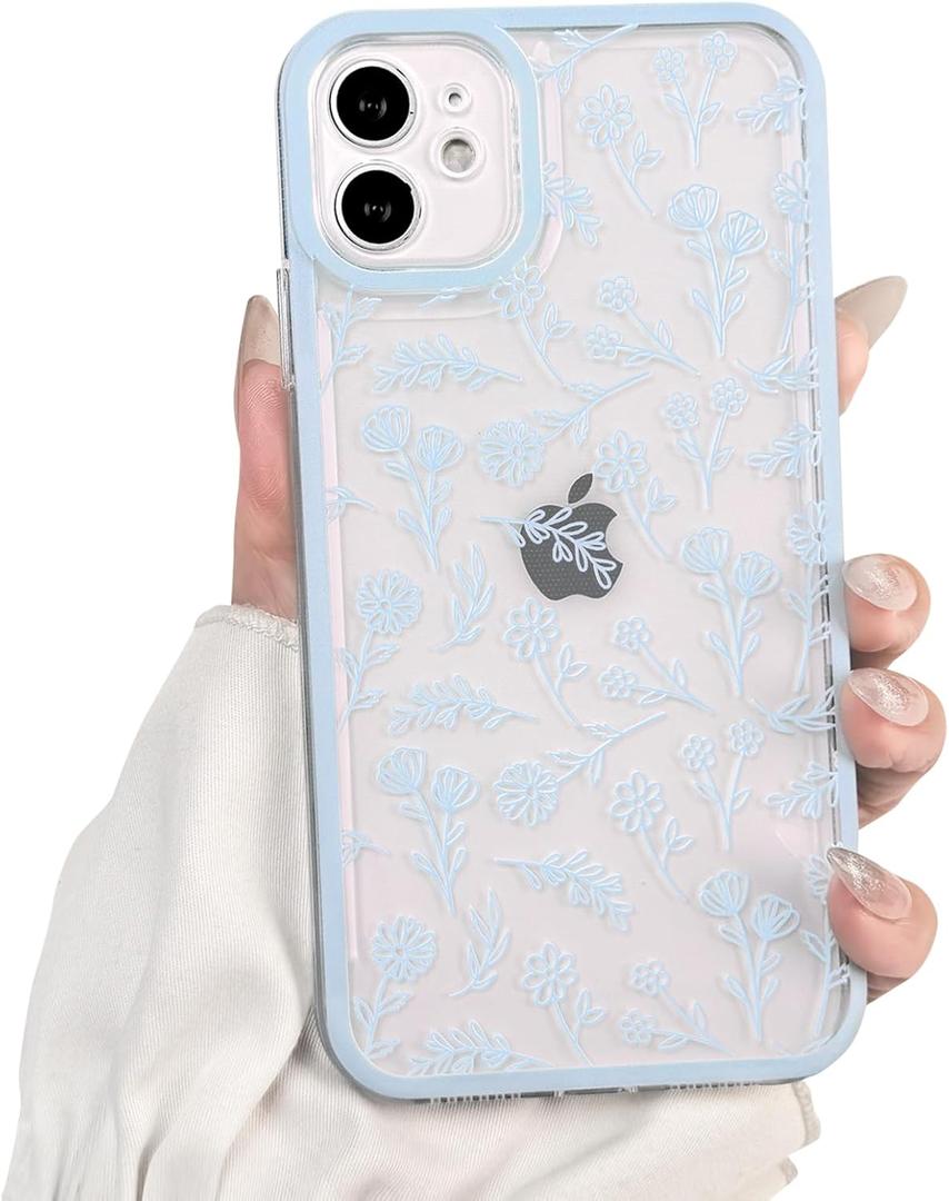 NITITOP Compatible with iPhone 11 Case Cute Clear Blue Durable Flower Floral Leave for Girls Women Soft TPU Transparent Colourful Frame Full Camera Lens Shockproof Protective Cover - Blue