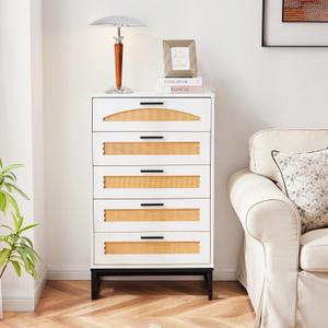 5 Drawer Rattan Dresser for Bedroom, Tall Wood Dresser for Closet with Metal Handles, Boho Nightstand, White Dressers & Chests of Drawers for Bedroom, Hallway and Entryway