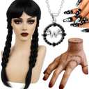 Swooflia Black Braid Wig for Women & Cosplay Accessories - Convenient Set Includes Adjustable Wig Cap, Hands, Necklace, Nails, Cosplay Wig for Halloween, Costume, Party and Daily Use (W05)