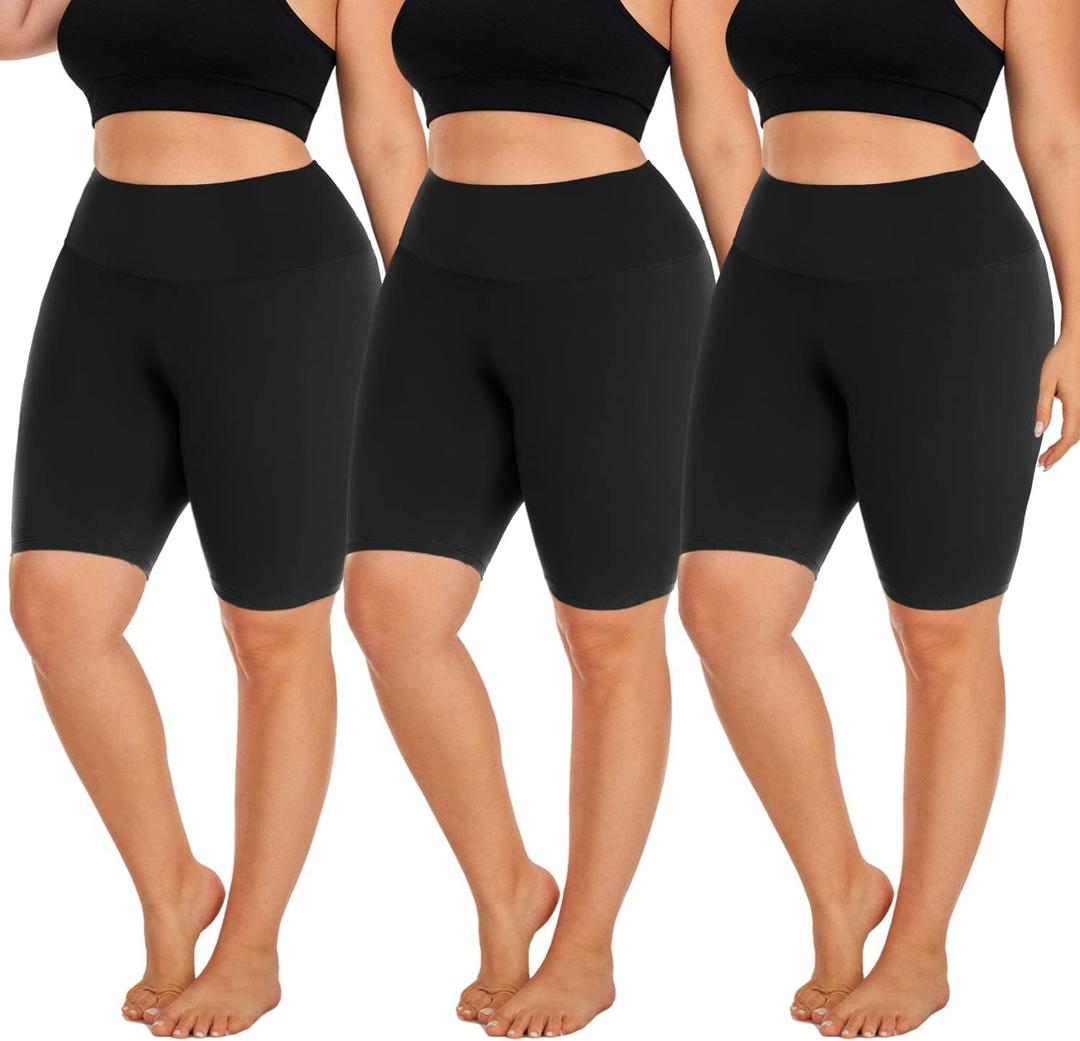 Hi Clasmix 3 Pack Plus Size Biker Shorts for Women(3XL)-High Waisted Non-See Through Workout Super Soft Black Yoga Shorts