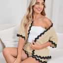 Fixmatti Women Two Piece Summer Sets Short Sleeve Button Down Shirts (Beige, S)