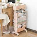 5 Tier Rolling Book Cart Multi-Functional Movable Storage Bookshelves with Lockable Wheels for Study Office Library Classroom, (Pink, with Wheel)