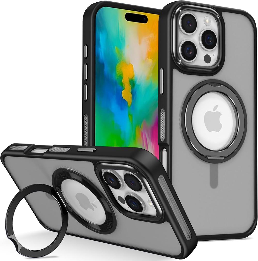 2 x Designed for iPhone 15 Pro Case with Magnetic 360Rotatable Ring Stand [Military Drop Protection] [Compatible with MagSafe] Shockproof Slim Translucent Back Cover for iPhone 15 Pro (Black)