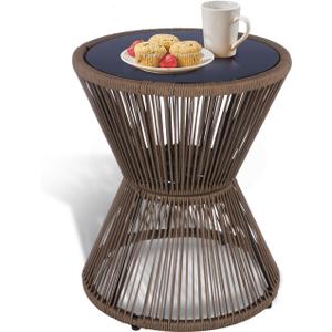 SUNNYPARK Outdoor Side Table 20'' H Small End Tables Woven Rope Weather Resistant with Glass Top Round Coffee Table for Indoor Balcony Patio Poolside (Brown)