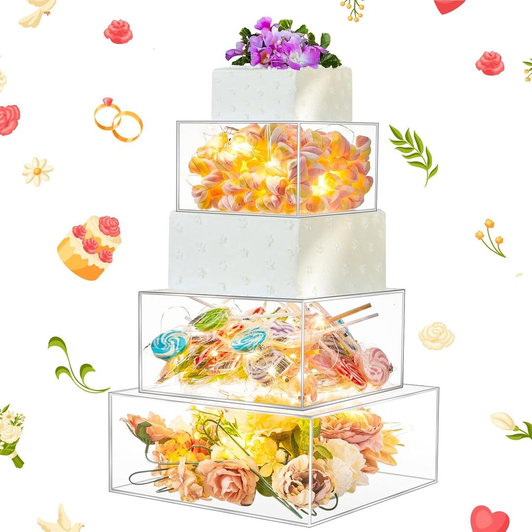 Sintuff 3 Pcs Square Acrylic Cake Stand 3 Tiers Clear Fillable Cake Riser with LED String Light Cupcake Stand with Lid for Wedding Birthday Party Table Desserts (8 Inch, 10 Inch, 12 Inch)