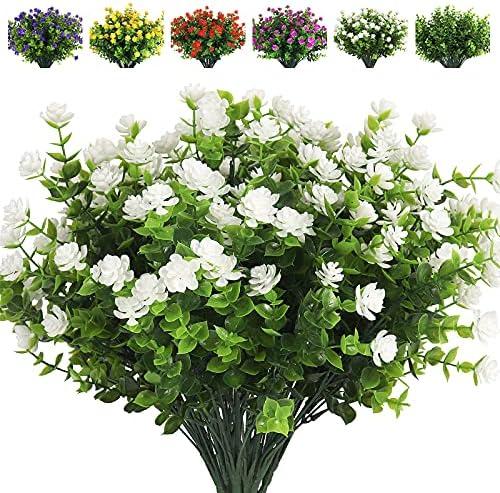 RECUTMS Artificial Flowers, Fake Boxwood Outdoor UV Resistant Plants Artificial Springs Flowers Eucalyptus Greenery Shrubs Bridal Wedding Bouquet for Home Garden Party Wedding Decoration(White), 3 Pcs