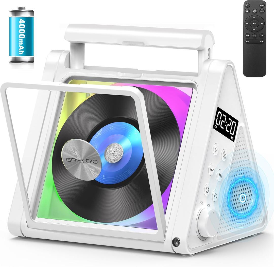 Greadio Portable CD Player,4000mAh Rechargeable CD Speaker with Bluetooth Vertical CD Player FM Radio/RGB Lights/Remote Control/Opt/USB/3.5mm Audio Jack/Handle for Home Music Lover (White)