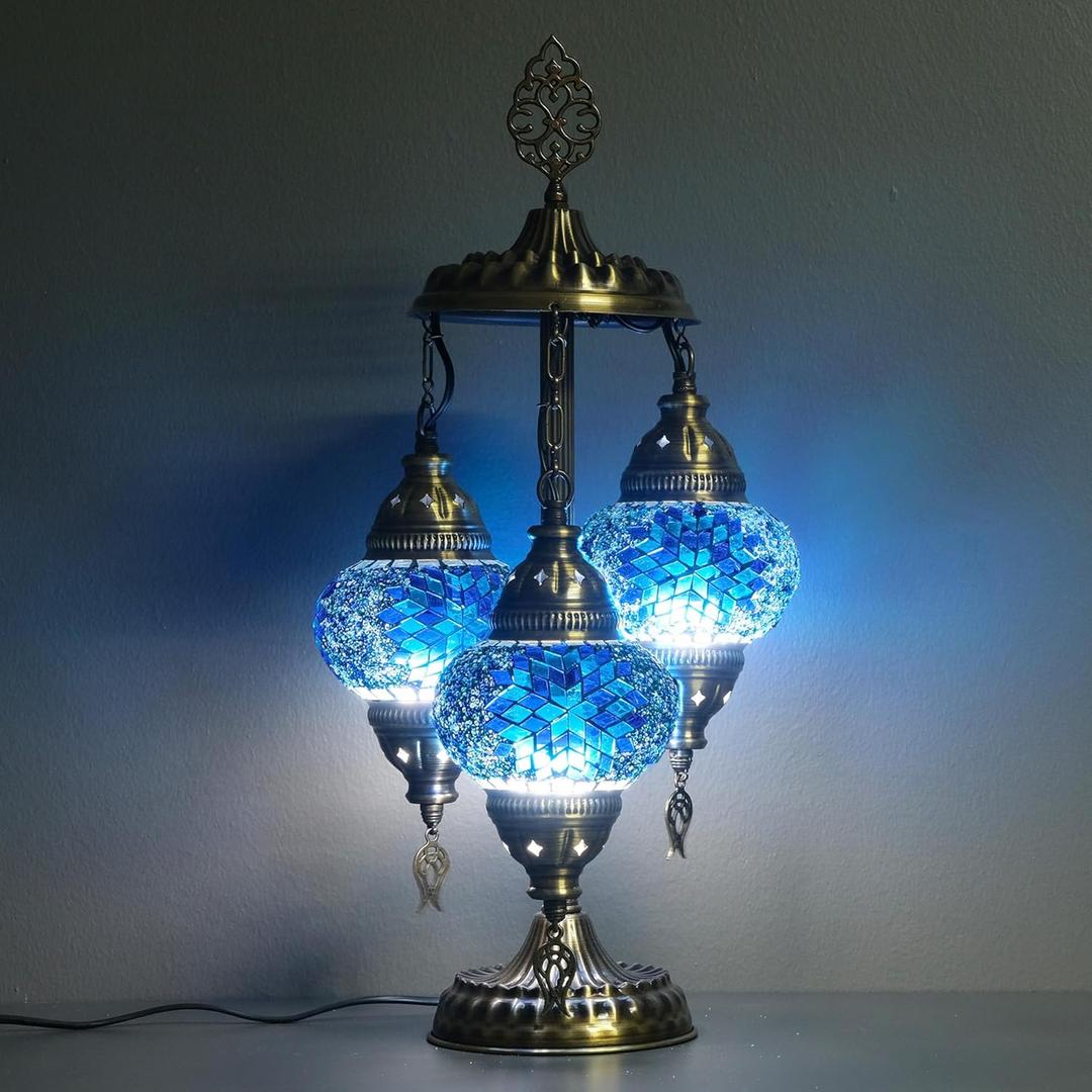 Turkish Lamp, 3 Globe Turkish Mosaic Table Lamp, Living Room and Office Decoration Lighting 5 inc Globe Total Dimesions 12 x 12 x 24 inch (Daisy Blue)