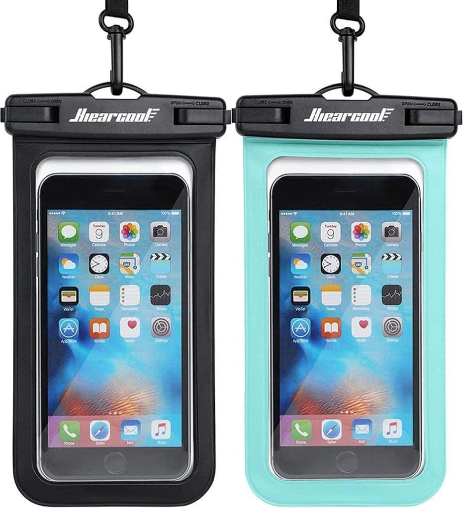 Hiearcool Waterproof Phone Pouch, IPX8 Waterproof Phone Case for iPhone 17/16/15/14 Pro Max, Cell Phone Dry Bag for Beach & Cruise Essentials, Touch Screen, Lanyard Included, 2 Pack (Fits Up to 8.9) (Black & Green)