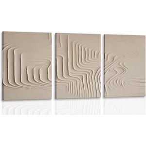 3Pcs Framed Beige Cream Abstract Textured Line Art Curved Canvas Wall Art Prints Posters Pictures Paintings Wall Decor for Minimalist Boho Living Room Bedroom Office Decoration