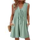 AlvaQ Womens Rompers Summer Loose Sleeveless Pleated Tie Front V Neck Shorts Jumpsuits with Pockets L