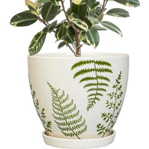 Ceramic Planter - 10 Inch Plant Pot for Outdoor Flowers with Drainage Hole and Saucer, Boho Round Decorative Indoor Flower Pot, Gifts for Plants Lovers, Home Patio Garden Room Decor, White (Fern Leaves White)