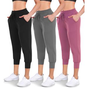 Women's 3 Pack Capri Sweatpants with Pockets - High-Waist Yoga Joggers Athletic Running Leggings for Workout, Gym, Lounge, S