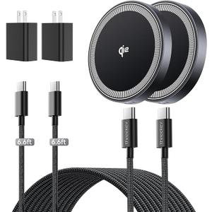 THREEKEY 2 Pack 15W Qi2 Certified Magnetic Wireless Charger 6.6ft Cable, Fast Charging Pad for iPhone 17-12&Airpods Series(20W Adapter Included)