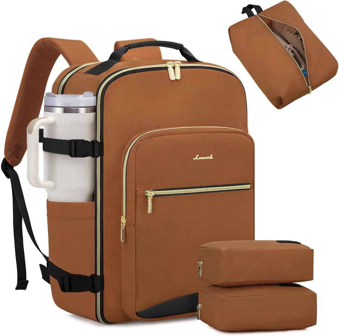 LOVEVOOK 40L Large Travel Backpack for Women Men, 17 Inch Carry on Backpack for Traveling on Airplane, Personal Item Travel Bag Airline Approved, Business Causal Weekender Backpack, Brown Yellow-Black