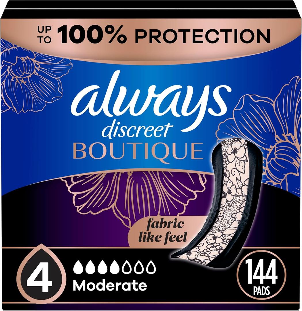 Always Discreet Boutique Incontinence Pads, for Bladder Leaks, Moderate Absorbency, Regular Length, 144 Count (3 Packs of 48)