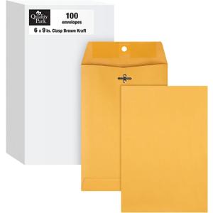Quality Park 6 x 9 Clasp Envelopes, Clasp and Gummed Closures for Storing or Mailing, 28 lb Kraft Paper, 100 per Box (QUA37855)