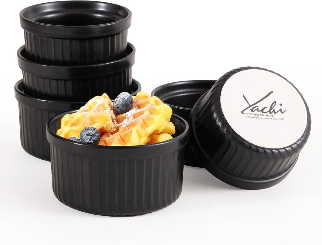 Yachi Ramekins Black, 4 oz 6 Pieces Ceramic Baking Ramekin Set of 6 Stoneware Bakeware Serving for Sauces Dipping Onion Soup Lava Cake Flan Creme Brulee Kit Pudding Mini Custard Ramekins Oven Safe Mini Custard Cups small Bowls for Souffle Merry Christmas