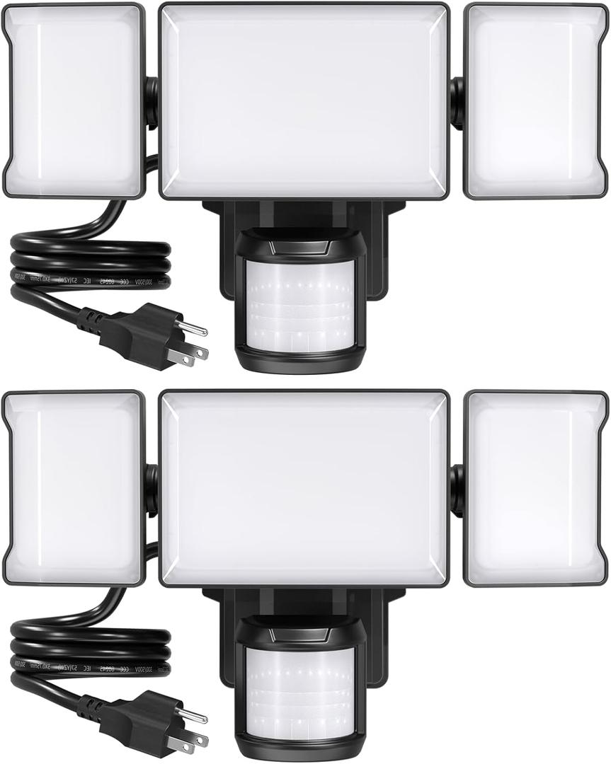Olafus 75W Motion Sensor Outdoor Lights Plug in, 2 Pack Motion Flood Light 3 Heads, 7500LM LED Security Light IP65, Motion Activated 6500K PIR Sensor Lighting for Garage Yard Porch Patio, Black