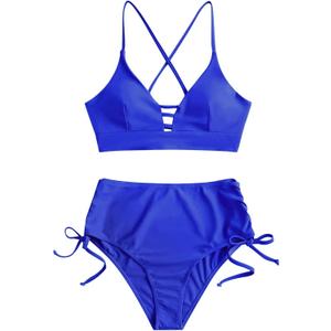 ZAFUL Women High Waisted Bikini Set Two Piece Tummy Control Wrap Swimsuit Lace Up Bathing Suit (Small, Cinched-royal Blue)