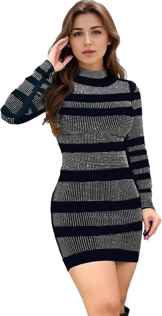 Nagfar Women Rhinestone Sexy Mini Dress Brithday Party Cocktail Club New Years Eve Out Glittery Clothes (Small, S12 Black)