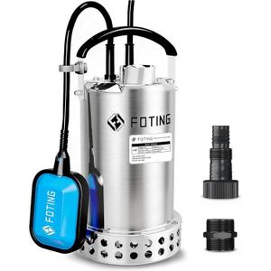 FOTING Full 304 Stainless Steel Sump Pump with Float Switch - 1HP 4600GPH Automatic Submersible Water Pump Fast Water Removal in Pools, Basements, Sewage, Hot Tubs Heater Flush Pit, ponds w/ 10FT Cord