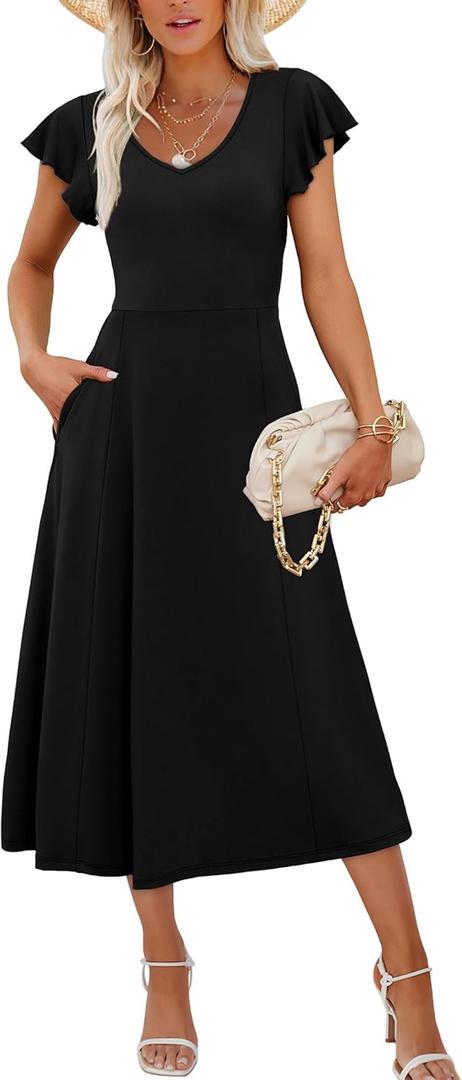 SAMPEEL Summer Dresses for Women 2025 Midi Maxi Dress Elegant Classy Ruffle Sleeve Tie Back Scoop Neck (Black)
