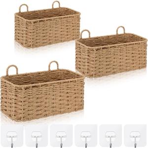 3 Piece Wall Hanging Baskets for Organizing Paper Rope Woven Baskets Sets Boho Style Storage Bins for Fruits Vegetable Kitchen Storage Farmhouse Wall Decor Housewarming Gifts